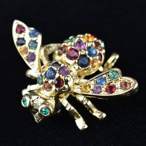 VTG Joan Rivers Signed Bee Brooch Rainbow Rhinestone Gold Tone Pin Classic
